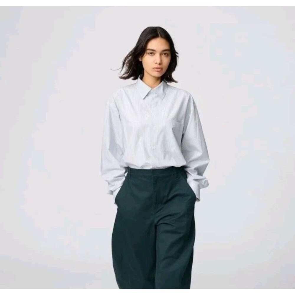 UNIQLO C Broadcloth Oversized Shirt Unisex  XL Striped Blue Long Sleeve Japan